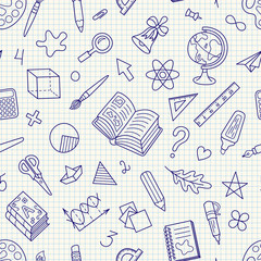 School Hand-drawn Seamless Stationery Symbols Pattern on Squared Paper Backdrop.