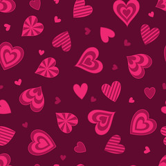 Universal Abstract Seamless Pattern of Purple Hearts on Dark Pink Backdrop.