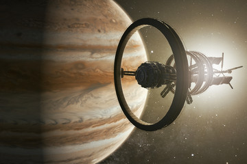 3D rendering of a spaceship aproaching Jupiter © Jose Luis Stephens