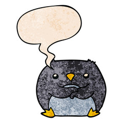 cartoon penguin and speech bubble in retro texture style