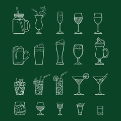Vector Chalk Sketch Set of Alcohol and Soft Drinks, Liquors, Cocktails.