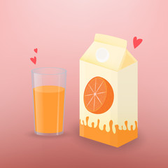 Vector illustration with glass of orange juice and board box of juice. Template for poster, web and advertising banner, article, promotion.