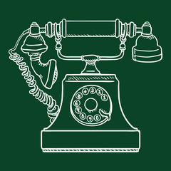 Vector Chalk Sketch Old Vintage Telephone. Retro Rotary Phone