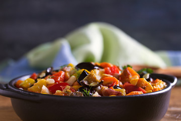 Vegetable stew: eggplant, pepper, tomato, zucchini, carrot and onion. Stewed vegetable salad