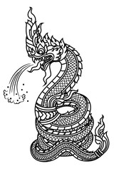 Line draw Tattoo Serpent or Naga spraying water - obrazy, fototapety, plakaty