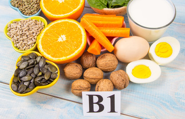 Fototapeta na wymiar Ingredients containing vitamins B1 (thiamine). Healthy eating concept.
