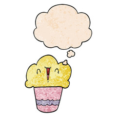 cartoon cupcake with face and thought bubble in grunge texture pattern style