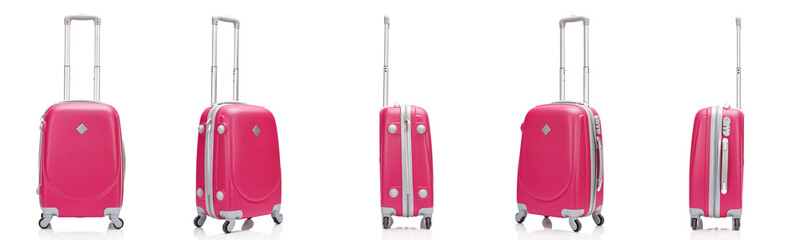 collage of red plastic wheeled colorful suitcases with handles isolated on white