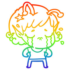 rainbow gradient line drawing cartoon crying alien girl