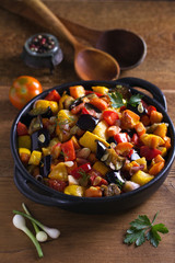 Vegetable stew: eggplant, pepper, tomato, zucchini, carrot and onion. Stewed vegetable salad