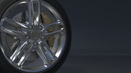 Alloy wheels tire auto on a dark background  3d render