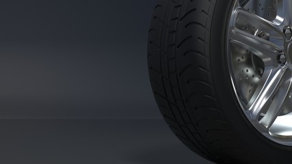 Alloy wheels tire auto on a dark background  3d render