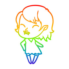 rainbow gradient line drawing cartoon vampire girl with blood on cheek