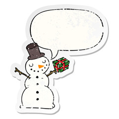 cartoon snowman and speech bubble distressed sticker