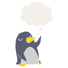cartoon penguin and thought bubble in retro style