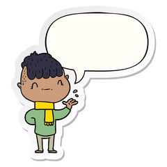 cartoon friendly boy and speech bubble sticker