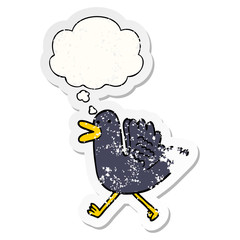 cartoon duck running and thought bubble as a distressed worn sticker