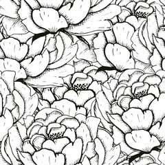 Peony backdrop. Hand drawn seamless pattern with sketch style flower peony. Monochrome vector background.