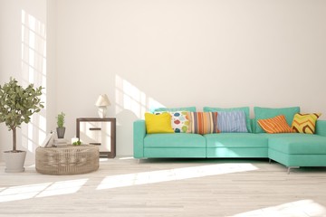 Stylish room in white color with sofa. Scandinavian interior design. 3D illustration