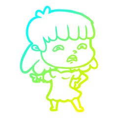 cold gradient line drawing cartoon worried woman