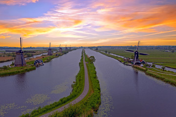 Aerial from traditional windmills at Kinderdijk in the Netherlands
