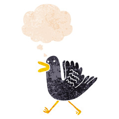 cartoon duck running and thought bubble in retro textured style