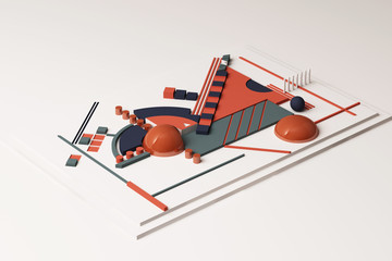 Design with composition of geometric shapes in orange and darkblue tone. 3d rendering illustration