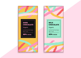 Organic dark and milk chocolate bar design. Creative abstract choco packaging vector mockup. Trendy luxury product branding template with label and pattern.