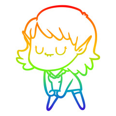 rainbow gradient line drawing happy cartoon elf girl posing