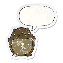 cartoon fat bear and speech bubble distressed sticker