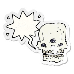 cartoon spooky skull and speech bubble distressed sticker