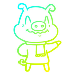 cold gradient line drawing nervous cartoon pig wearing scarf