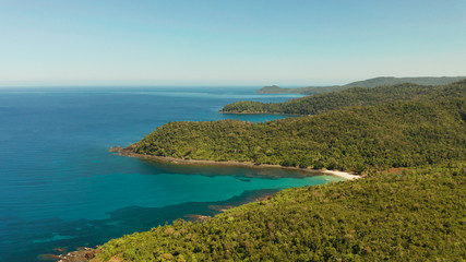 aerial view coastline of tropical island with coral reef and blue lagoon. Palawan, Philippines. tropical landscape. Seascape island and clear blue water. tropical landscape, travel concept