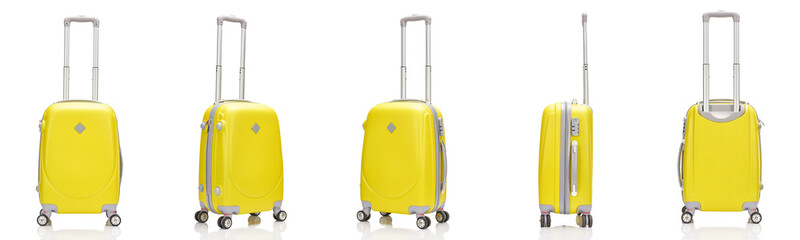 collage of yellow plastic wheeled colorful suitcases with handles isolated on white