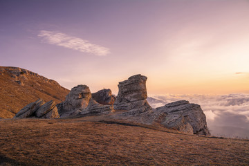 Sunset light in the Demerdzhi mountain range in the Valley of ghosts