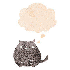 cartoon cat and thought bubble in retro textured style