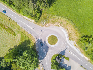 Aerial view of roundabout in rural area in Switzerland.