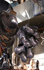 Metal plates and pans hanging from the close-up cup buttermilk