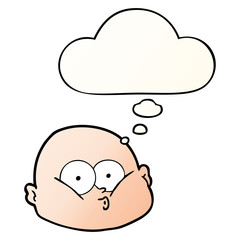 cartoon curious bald man and thought bubble in smooth gradient style