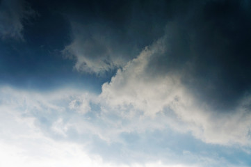 Gloomy scary rain clouds in the blue sky.
