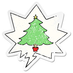 cartoon christmas tree and speech bubble distressed sticker