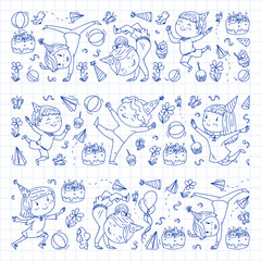 Obraz premium Vector illustration in cartoon style, active company of playful preschool kids jumping, at a party, birthday. Pen drawing in squared notebook.