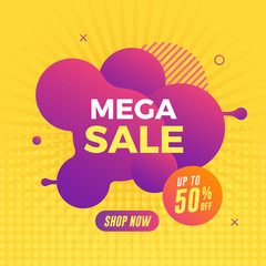 Mega sale banner on yellow background. Abstract liquid banner