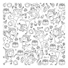 Vector illustration in cartoon style, active company of playful preschool kids jumping, at a party, birthday. Monochrome style in black and white color.