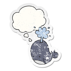 cartoon spouting whale and thought bubble as a distressed worn sticker