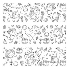 Vector illustration in cartoon style, active company of playful preschool kids jumping, at a party, birthday. Monochrome style in black and white color.