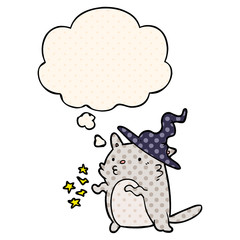 cartoon cat wizard and thought bubble in comic book style