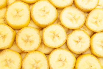 Many slices of banana fruits as background