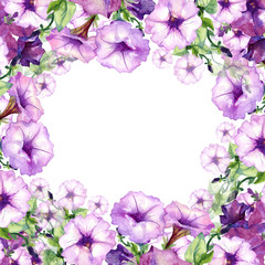 Fototapeta na wymiar Watercolor background, frame with space for text of Petunia flowers.