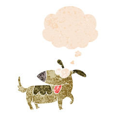 cartoon happy dog and thought bubble in retro textured style